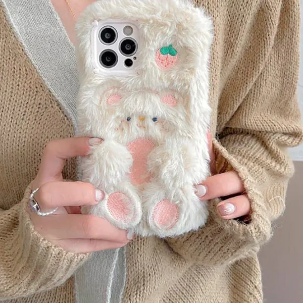 Iphone Cases*Boogzel Clothing Strawberry Bear Fluffy iPhone Case White/pink