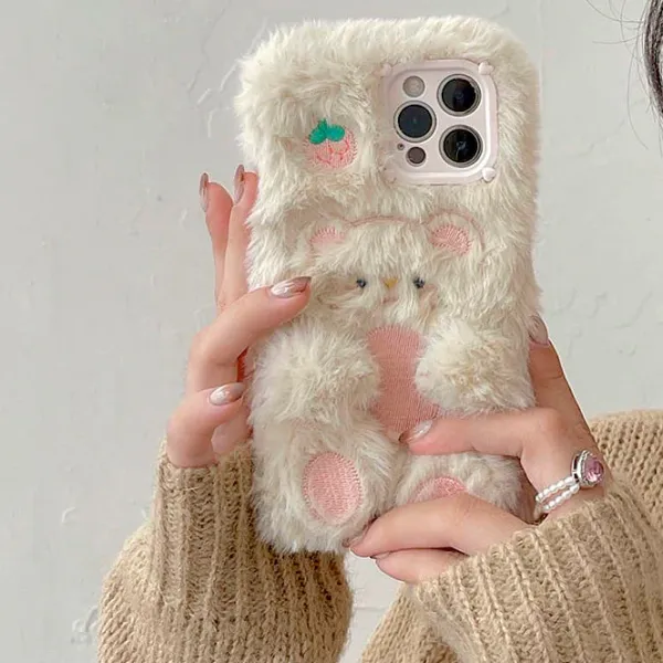Iphone Cases*Boogzel Clothing Strawberry Bear Fluffy iPhone Case White/pink