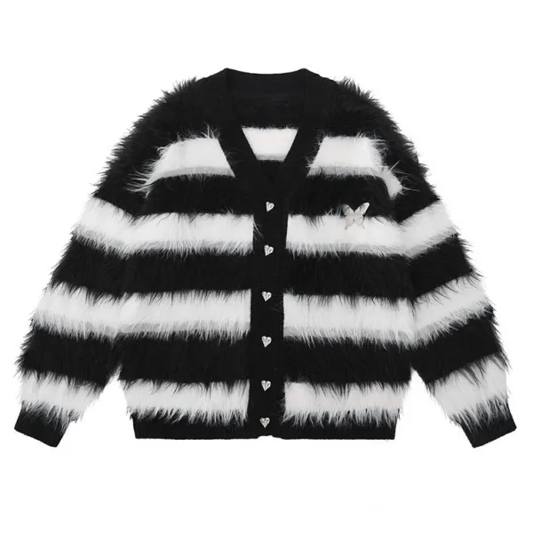 Striped Sweaters|Knit Cardigans*Boogzel Clothing Striped Fuzzy Butterfly Cardigan Black/white