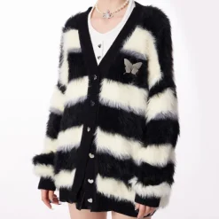 Striped Sweaters|Knit Cardigans*Boogzel Clothing Striped Fuzzy Butterfly Cardigan Black/white