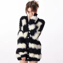 Striped Sweaters|Knit Cardigans*Boogzel Clothing Striped Fuzzy Butterfly Cardigan Black/white
