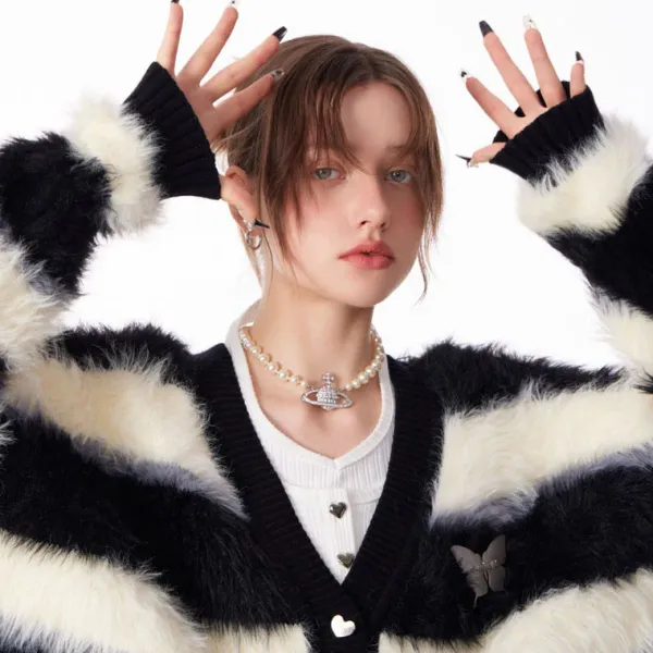 Striped Sweaters|Knit Cardigans*Boogzel Clothing Striped Fuzzy Butterfly Cardigan Black/white