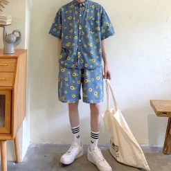 Mens*Boogzel Clothing Sunflowers Denim Shirt Blue