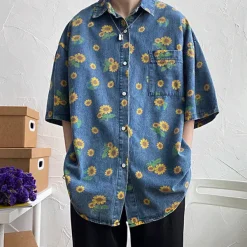 Mens*Boogzel Clothing Sunflowers Denim Shirt Blue