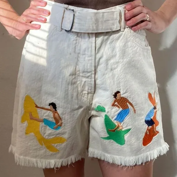 Shorts*Boogzel Clothing Surfing And Sharks Embroidery Shorts White