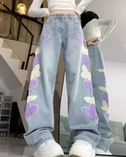 Jeans*Boogzel Clothing Sweet Attitude Heart Patch Wide-Leg Jeans Blue