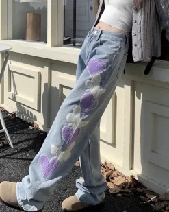 Jeans*Boogzel Clothing Sweet Attitude Heart Patch Wide-Leg Jeans Blue