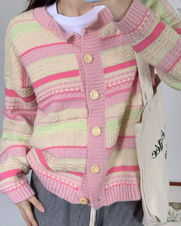 Striped Sweaters|Knit Cardigans*Boogzel Clothing Teen Craft Pastel Striped Knit Cardigan Pink