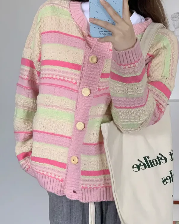 Striped Sweaters|Knit Cardigans*Boogzel Clothing Teen Craft Pastel Striped Knit Cardigan Pink