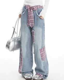 Jeans*Boogzel Clothing Teen Spirit Plaid Patchwork Jeans Blue