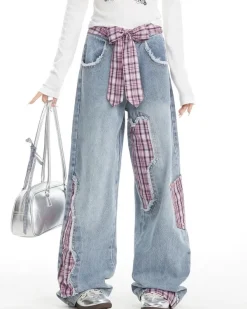 Jeans*Boogzel Clothing Teen Spirit Plaid Patchwork Jeans Blue