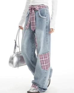 Jeans*Boogzel Clothing Teen Spirit Plaid Patchwork Jeans Blue