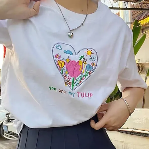 Aesthetic T-Shirts & Graphic Tees*Boogzel Clothing Tulip Embroidery Aesthetic T-Shirt White