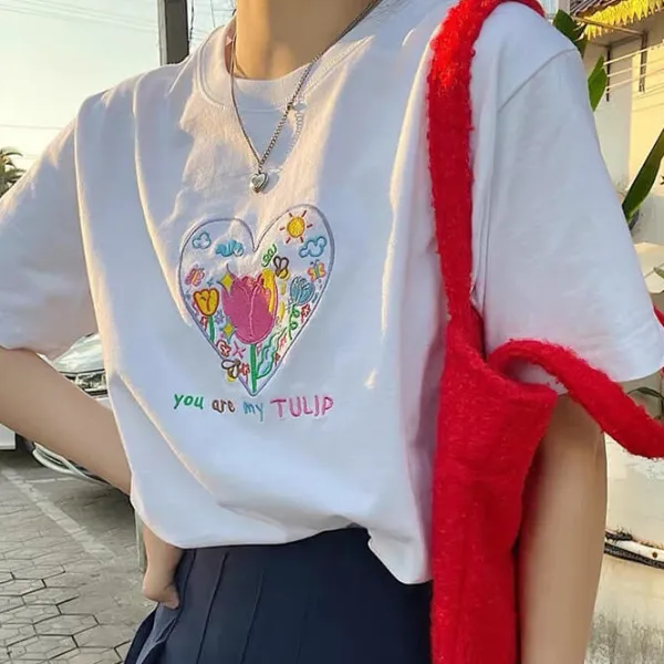Aesthetic T-Shirts & Graphic Tees*Boogzel Clothing Tulip Embroidery Aesthetic T-Shirt White