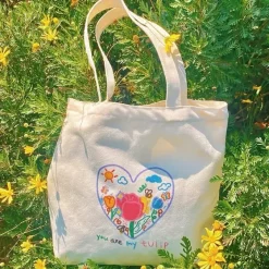 Bags & Purses*Boogzel Clothing Tulip Embroidery Aesthetic Tote Bag White/pink