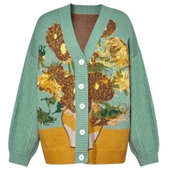 Knit Cardigans*Boogzel Clothing Van Gogh Sunflowers Knit Cardigan Green