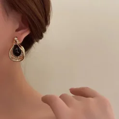 Earrings*Boogzel Clothing Vintage Aesthetic Black Stone Earrings Gold
