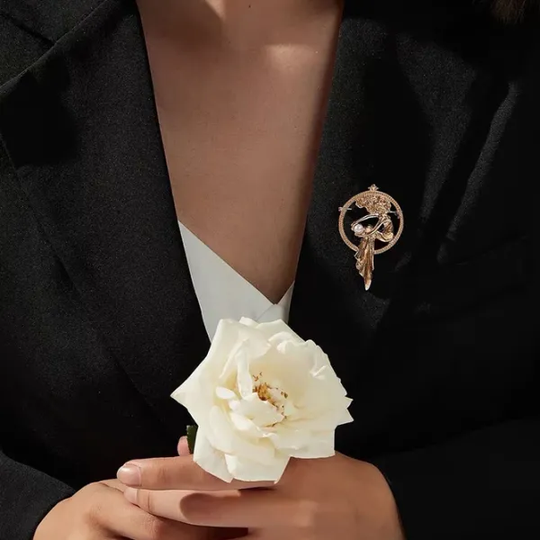 Other*Boogzel Clothing Vintage Aesthetic Girl with a Pearl Brooch Gold