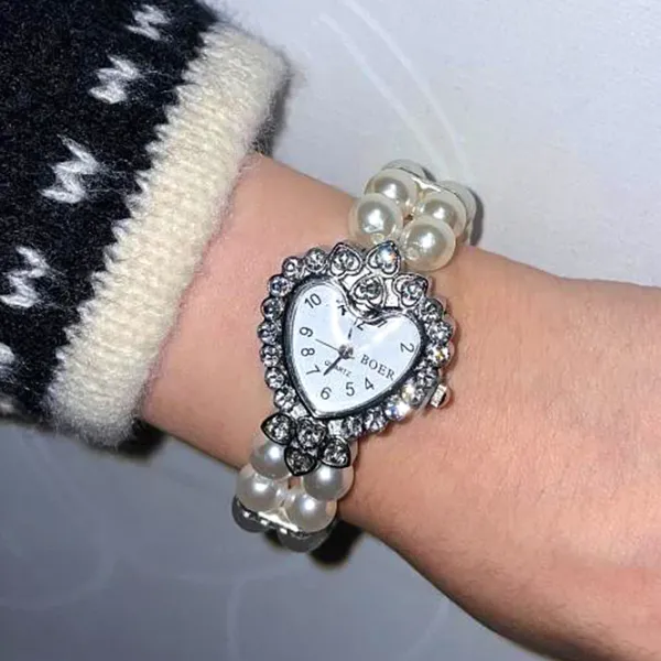 Bracelts*Boogzel Clothing Vintage Heart Pearl Watch Bracelet Silver