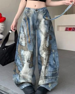 Jeans*Boogzel Clothing Vintage-Style Oversized Sketch Jeans Blue