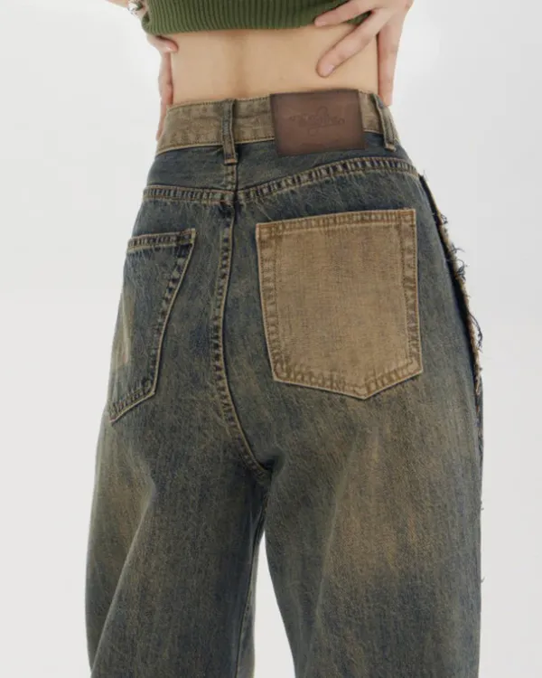 Jeans*Boogzel Clothing Washed Jeans with Contrast Pocket Brown