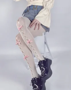 Other*Boogzel Clothing White & Pink Bow Tights