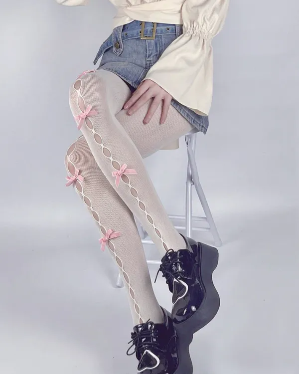 Other*Boogzel Clothing White & Pink Bow Tights