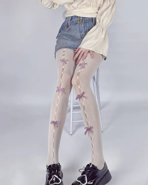 Other*Boogzel Clothing White & Pink Bow Tights