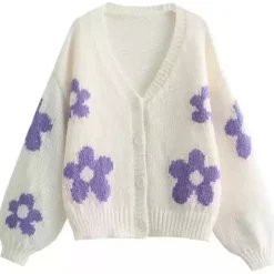 Knit Cardigans*Boogzel Clothing White Knit Cardigan with Purple Flower White/purple