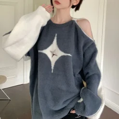 Sweaters*Boogzel Clothing White Star Open-Shoulder Sweater