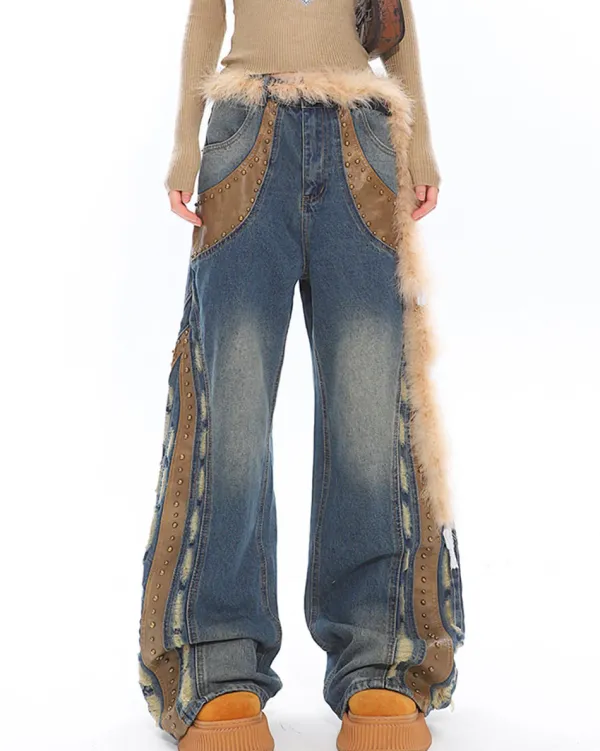 Jeans*Boogzel Clothing Wild West Fur Jeans Blue/brown