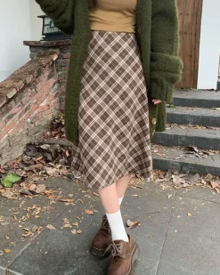 Skirts*Boogzel Clothing Worry Less Plaid Midi Skirt Brown