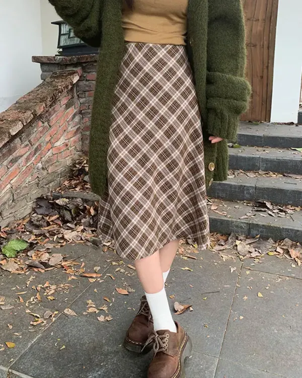 Skirts*Boogzel Clothing Worry Less Plaid Midi Skirt Brown