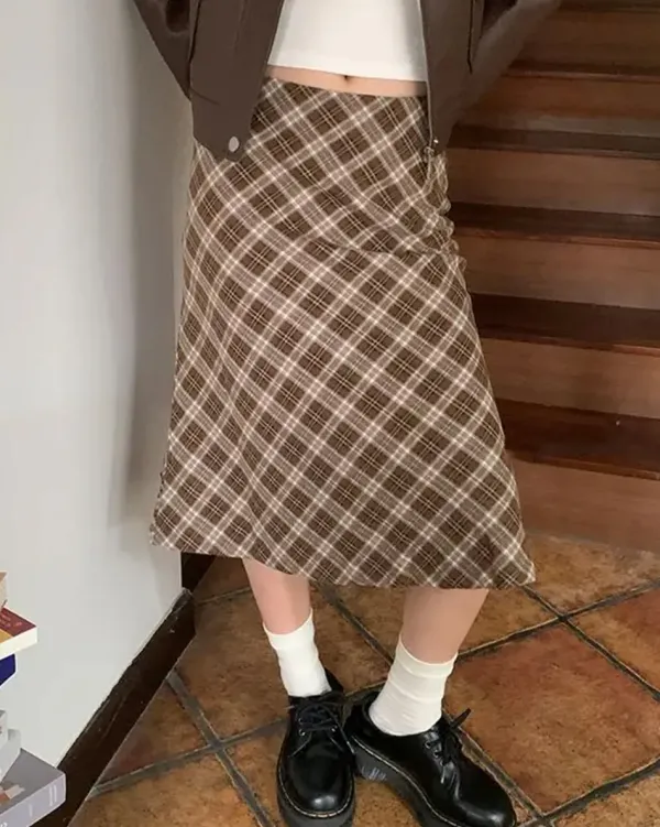 Skirts*Boogzel Clothing Worry Less Plaid Midi Skirt Brown