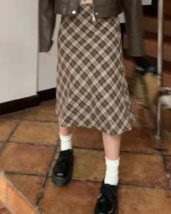Skirts*Boogzel Clothing Worry Less Plaid Midi Skirt Brown