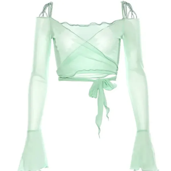 Y2K Tops|Long Sleeve Tops*Boogzel Clothing Y2K Aesthetic Flare Sleeves Mesh Top