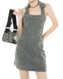 Dresses & Rompers*Boogzel Clothing Y2K Aesthetic Halter Denim Dress Grey