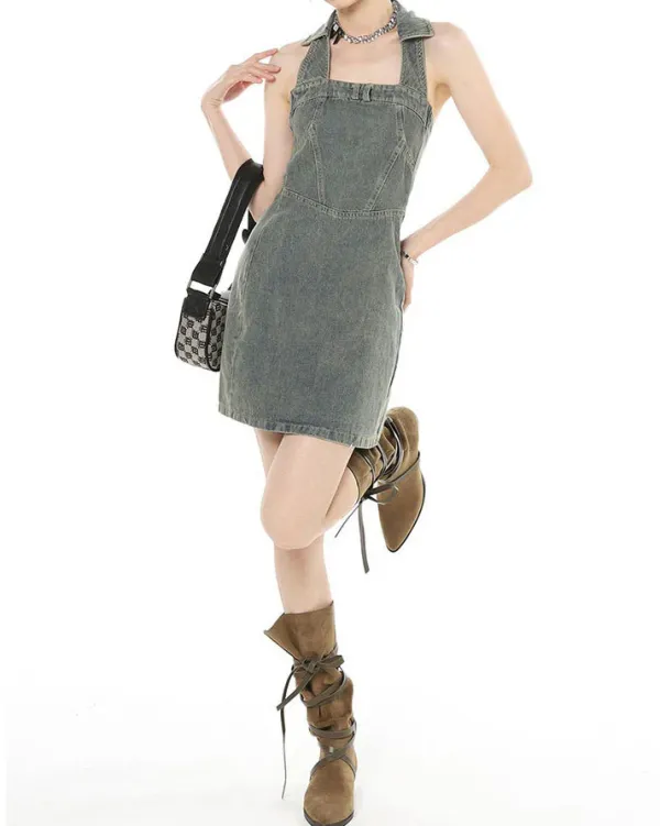 Dresses & Rompers*Boogzel Clothing Y2K Aesthetic Halter Denim Dress Grey