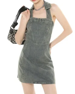 Dresses & Rompers*Boogzel Clothing Y2K Aesthetic Halter Denim Dress Grey