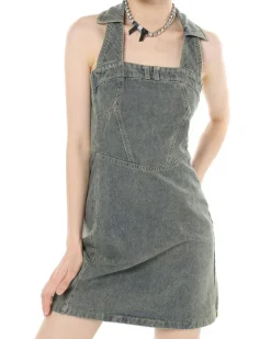 Dresses & Rompers*Boogzel Clothing Y2K Aesthetic Halter Denim Dress Grey