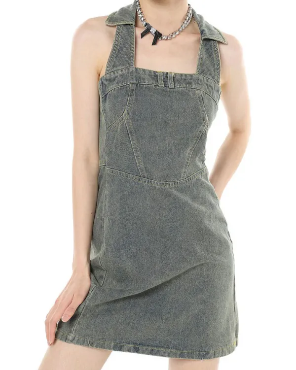 Dresses & Rompers*Boogzel Clothing Y2K Aesthetic Halter Denim Dress Grey