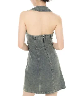 Dresses & Rompers*Boogzel Clothing Y2K Aesthetic Halter Denim Dress Grey