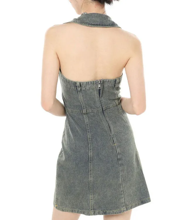 Dresses & Rompers*Boogzel Clothing Y2K Aesthetic Halter Denim Dress Grey