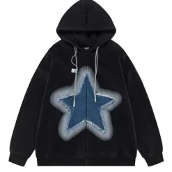 Hoodies*Boogzel Clothing Y2K Denim Star Zip Up Hoodie