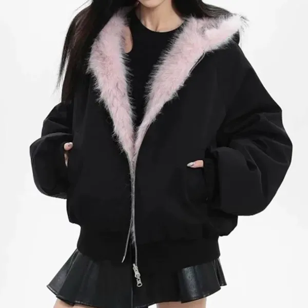 Coats & Jackets*Boogzel Clothing Y2K Fur-Lined Zip-Up Jacket Black/pink