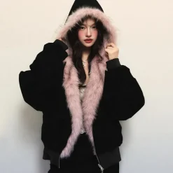Coats & Jackets*Boogzel Clothing Y2K Fur-Lined Zip-Up Jacket Black/pink
