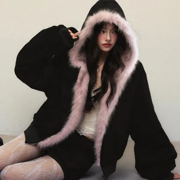 Coats & Jackets*Boogzel Clothing Y2K Fur-Lined Zip-Up Jacket Black/pink
