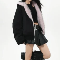 Coats & Jackets*Boogzel Clothing Y2K Fur-Lined Zip-Up Jacket Black/pink