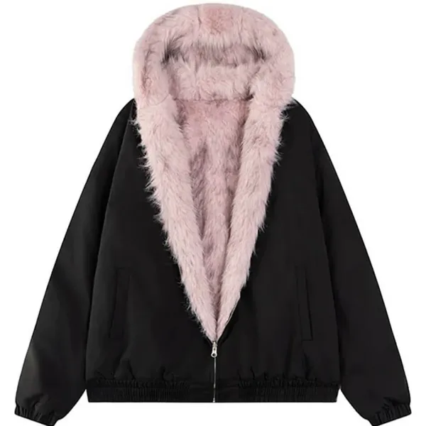 Coats & Jackets*Boogzel Clothing Y2K Fur-Lined Zip-Up Jacket Black/pink