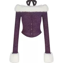 Sweaters|Y2K Tops*Boogzel Clothing Y2K Fuzzy Off Shoulder Knit Top Purple